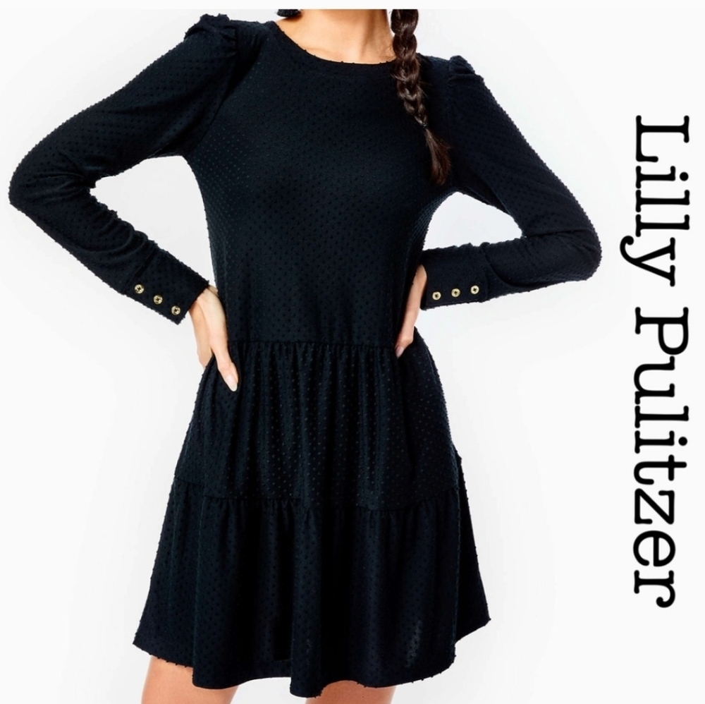 Lilly Pulitzer Arlette Black Knit Swiss Dot Long Sleeve Dress Size XL